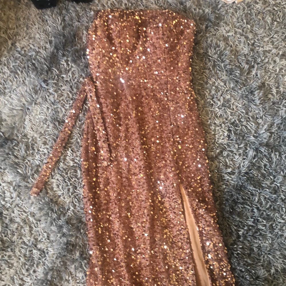 JVN Strapless Sequin Prom Dress in Rose Gold